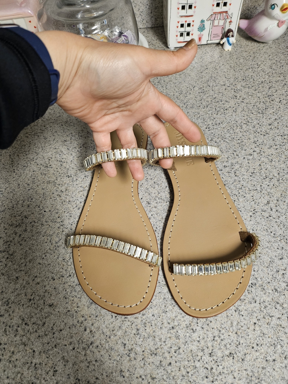 Mystique Boutique Tan Slide Sandals with Crystal Straps